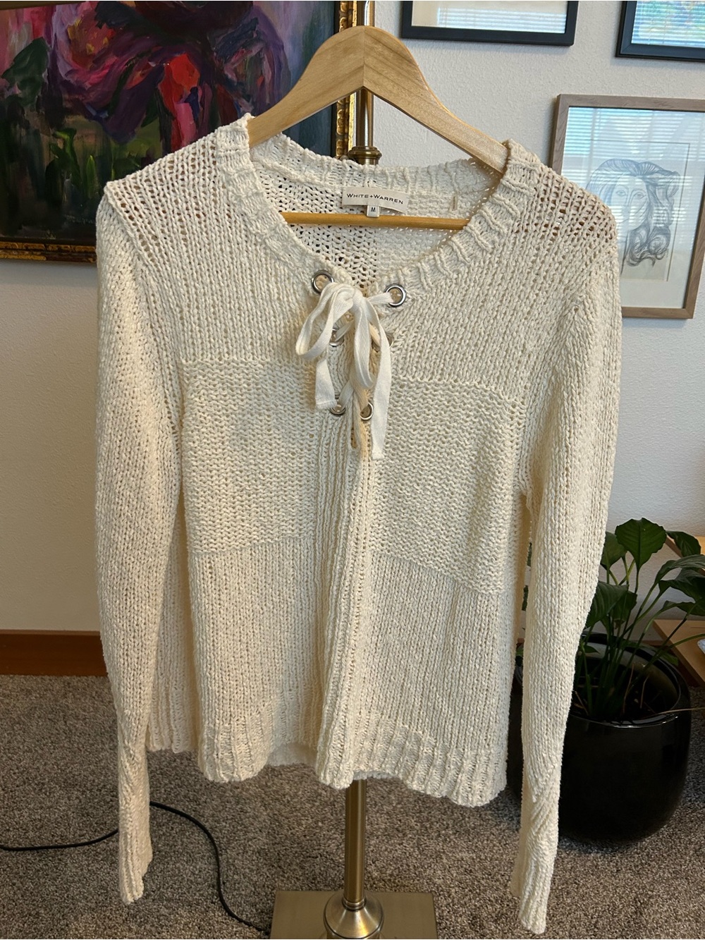 White + Warren Cream Cotton Blend Lace-Up Open Knit Sweater